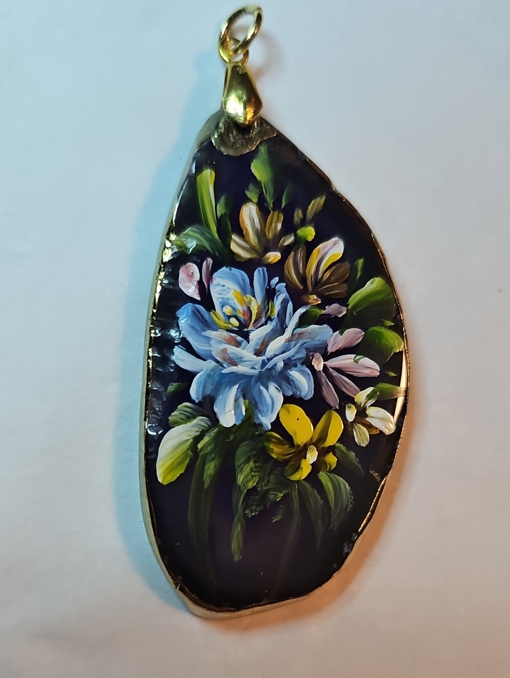 Hand-Painted Floral Laquer Art Pendant in Black with Blue & Yellow Flowers